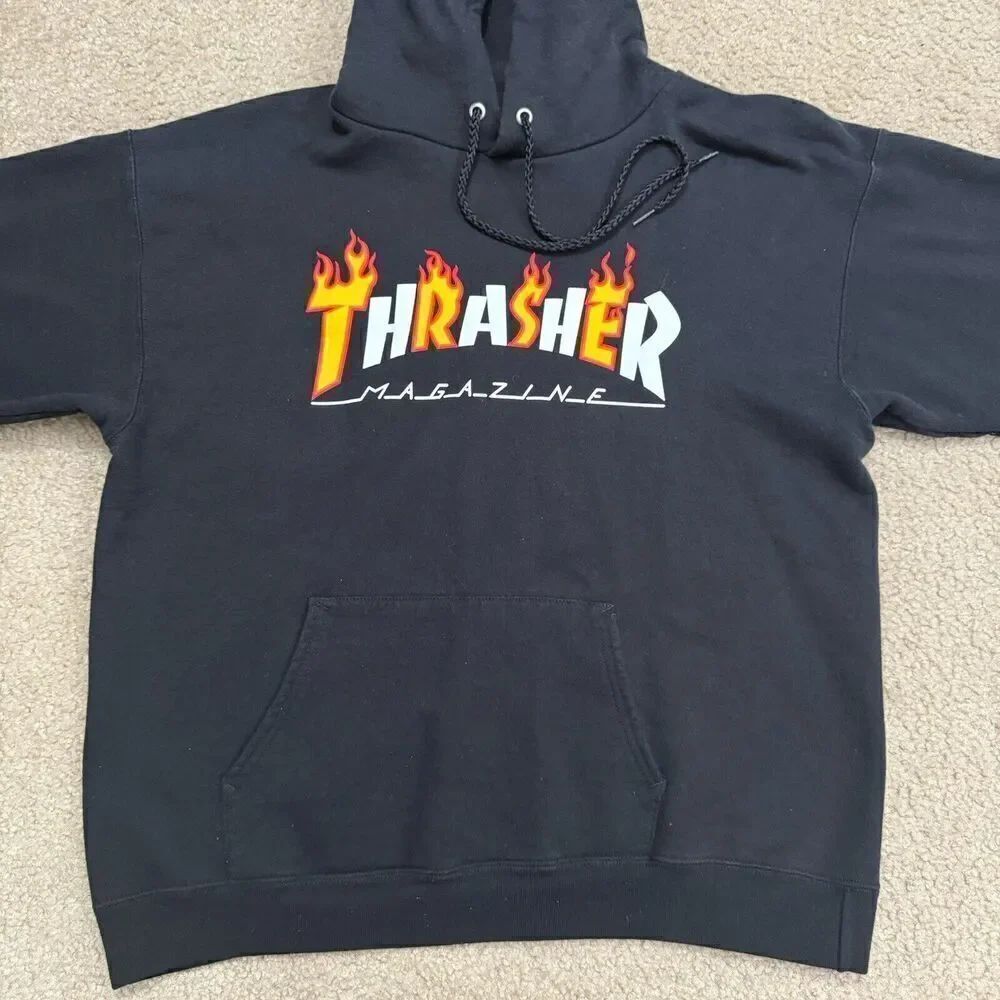 Vtg Thrasher Magazine Classic Flame Logo Y2K Black Hoodie Hooded Sweater Medium